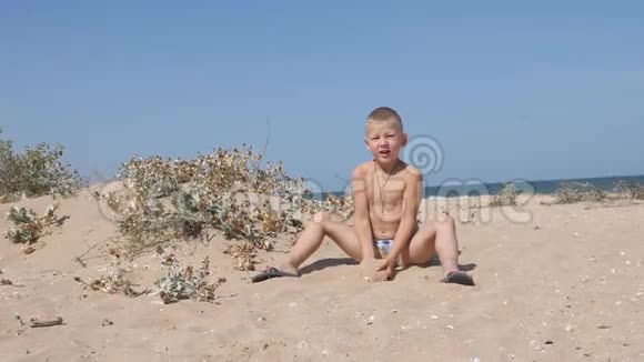 坐在沙滩上的金发男孩把黄沙扔在他的头上视频的预览图