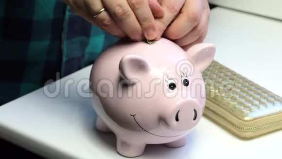桌子上有一个猪储蓄罐它是一只粉红色的猪和一个钱包那个人把纸币推到储蓄罐和圆周率里视频的预览图