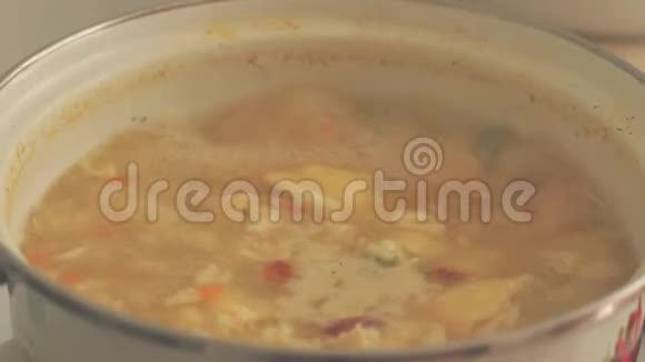 俯视蔬菜素汤煮沸后旋入钢锅用勺子搅拌煮蒸汽近距离射击视频的预览图