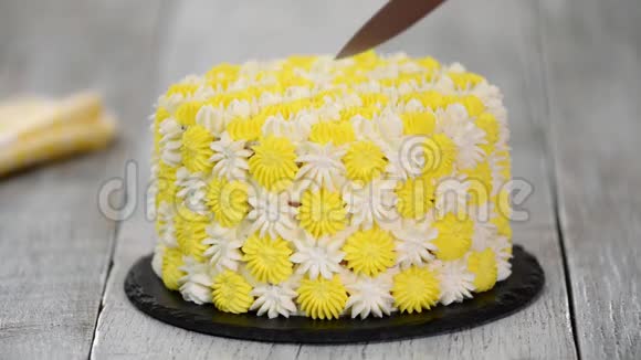 女人手切菠萝节日蛋糕视频的预览图