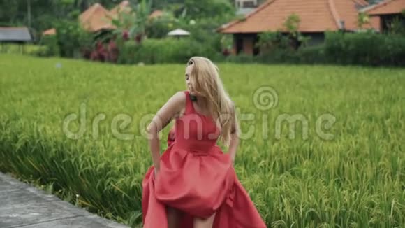一位穿着红色连衣裙和一条膝长裙的女舞者跳舞扭动着身体优雅地移动着手臂和视频的预览图