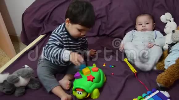 可爱的两岁男孩在玩海龟教育玩具而他的小弟弟正在看着和微笑视频的预览图