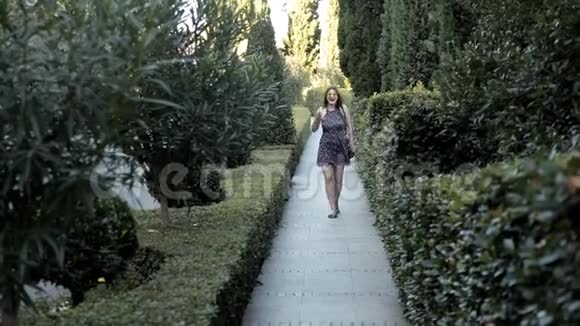 一个年轻的女孩走在一条绿树成荫的美丽小巷里当她看到相机的乐趣向她跑来时她就会发现视频的预览图
