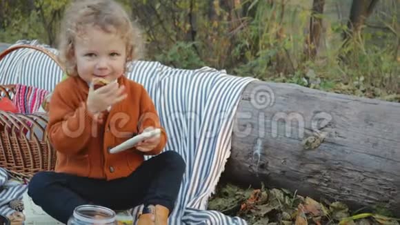 可爱的卷发幼儿在公园野餐时吃饼干和看电话视频的预览图