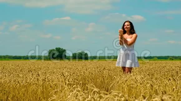 金色麦田上站着一位可爱的黑发女郎她留着漂亮的长发穿着白色短袖夏装视频的预览图