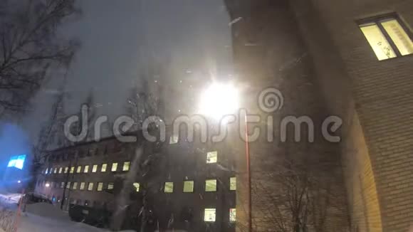 4K灯柱下大雪的镜头视频的预览图