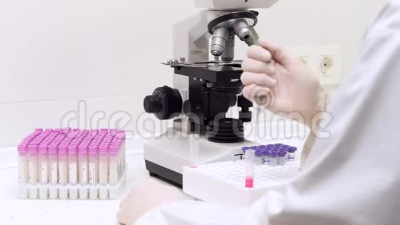在实验室进行医学测试科学家在实验室使用微型吸管把液体注入管子里视频的预览图