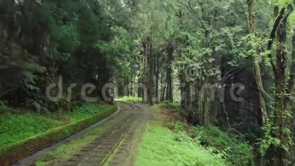 台湾阿里山风景区森林废弃老铁路鸟瞰图视频的预览图