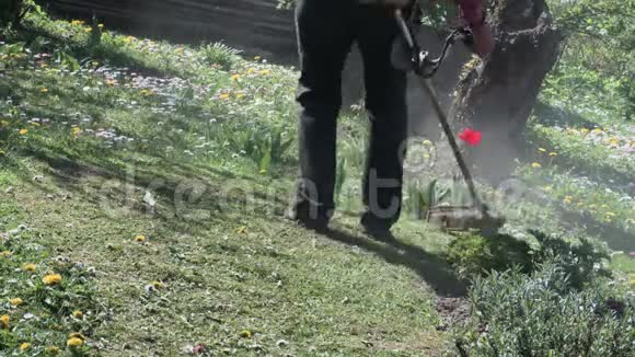 使用草坪修剪割草机的工人视频的预览图