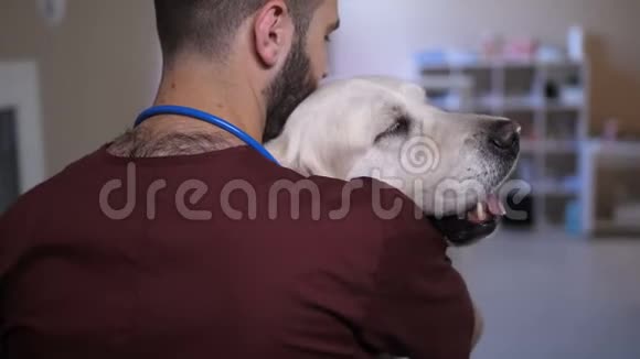 宠物护理诊所的贴身兽医拥抱狗视频的预览图