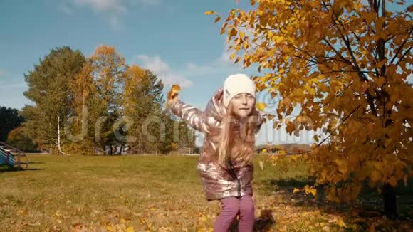 情感活泼的女孩在秋天公园里辗转橘子叶视频的预览图
