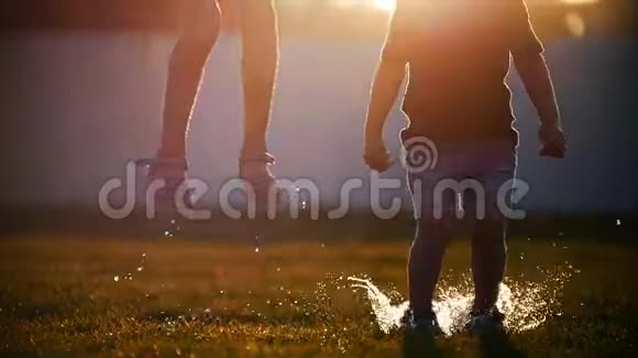女孩和男孩在草地上的水坑上跳跃在阳光下闪闪发光的飞行喷雾视频的预览图