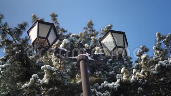 雪原和蓝天背景下的近景复古街灯视频的预览图