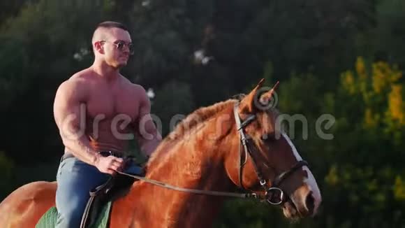 夏天一个戴着眼镜肌肉发达的人骑着一匹马在大自然中视频的预览图