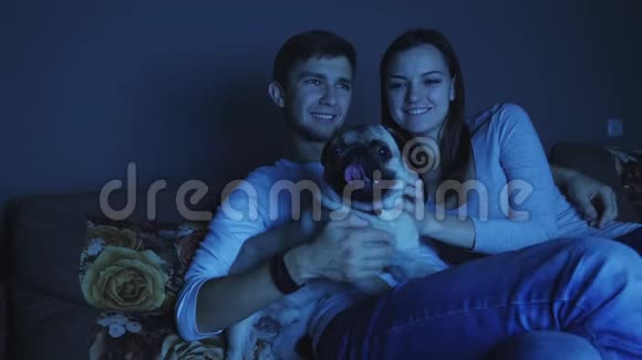 一对夫妇和狗一起看电视节目视频的预览图