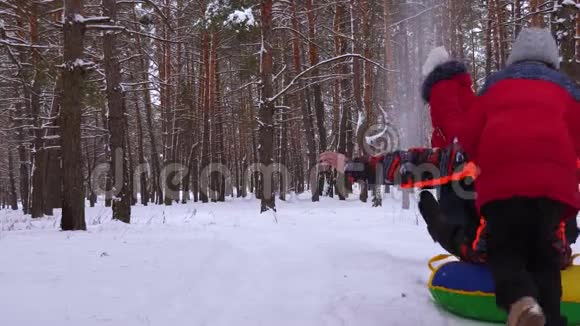 孩子们在松树公园的雪道上把妈妈卷在雪碟上笑了起来一家人在针叶林玩耍视频的预览图