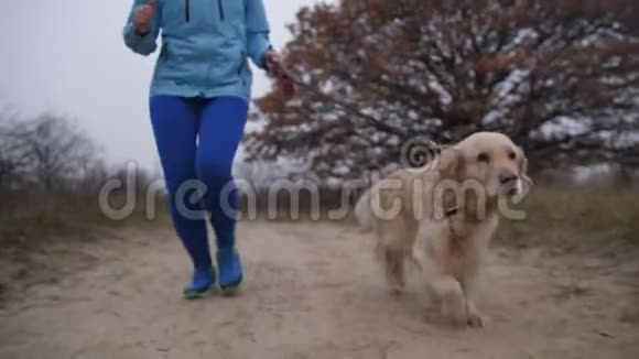 女跑步者与她的宠物慢跑交叉比赛视频的预览图