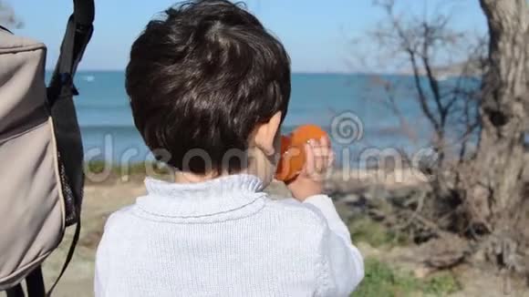 可爱的两岁男孩从大自然的瓶子里喝水视频的预览图