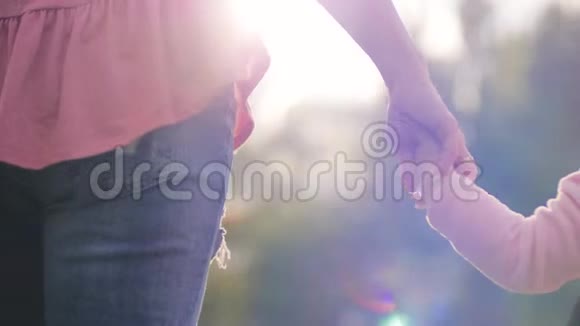 妈妈牵着女儿的手穿过草地阳光明媚照耀着蒲公英地上的家人母亲和视频的预览图