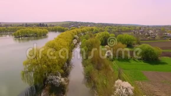 河流和村庄的美丽鸟瞰镜头视频的预览图