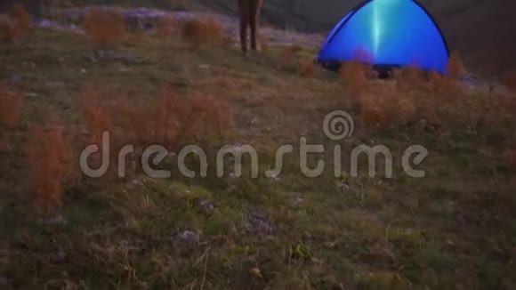 日落时分带背包的露营妇女从帐篷里走视频的预览图