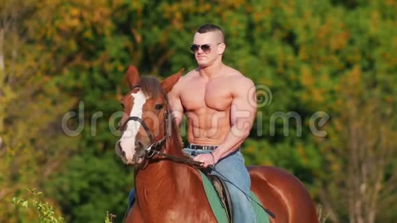 夏天骑在马身上戴太阳眼镜的肌肉健康男子视频的预览图