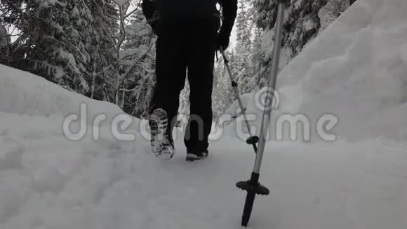 两个带背包的人沿着雪道去达特里山斯洛伐克视频的预览图