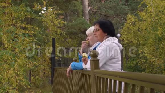 积极的老年人吃苹果站在秋天公园的栅栏附近视频的预览图