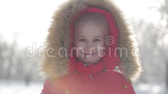 有趣的小女孩在美丽的冬季公园玩得很开心冬天可爱的小女孩的肖像看着镜头视频的预览图