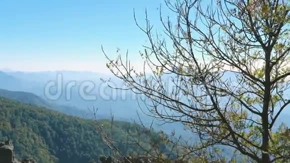 山地景观远处群山的山脊可以透过薄雾看到前景是石头视频的预览图
