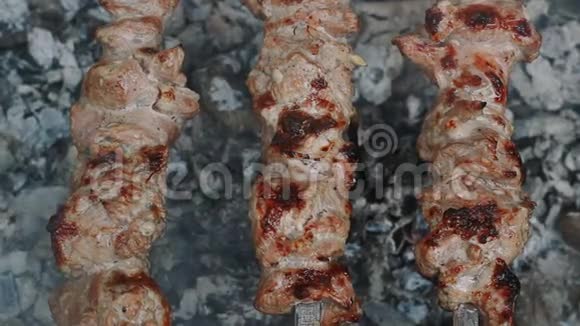 在熏炭上烤肉烧烤在炭火烧烤架上准备烤肉视频的预览图