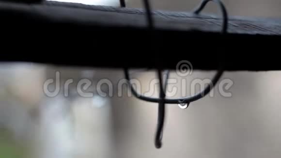 多莉电影拍摄的金属线或晾衣绳上有一些雨滴背景模糊视频的预览图