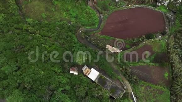 空中射击两山之间的峡谷中一个风景如画的高原村庄棕榈树和茂密的热带视频的预览图