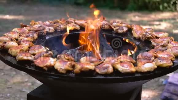 圆形烧烤架里面有明火为夏季野餐煮鸡或火鸡视频的预览图
