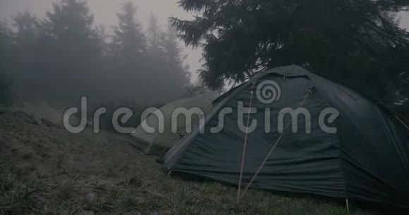 两顶球形帐篷矗立在松林的喀尔巴阡山云杉树下视频的预览图