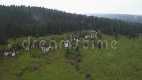 俄罗斯乌拉尔山脉的岩石和森林地形夏季绿色景观鸟瞰图视频的预览图