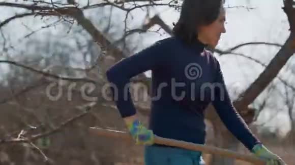 一个女人用耙子耙树的落叶园林地块春季大扫除视频的预览图