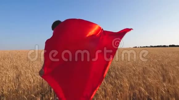穿着红色雨衣的超级英雄女孩带着成熟的小麦跑过田野迎着蓝天慢动作视频的预览图