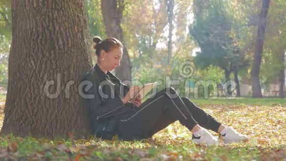 年轻女子在户外使用平板电脑坐在草地上女孩在秋季公园使用数字平板电脑视频的预览图