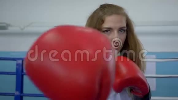 武术体育女拳击手在拳击台上对着镜头进行打击视频的预览图