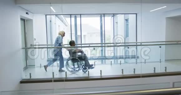 年轻医生推着轮椅病人住院4k视频的预览图
