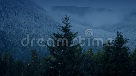 黄昏时降雪时的山地景观视频的预览图
