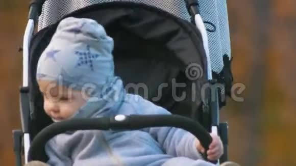 婴儿车里的婴儿在秋天公园散步秋季季节视频的预览图