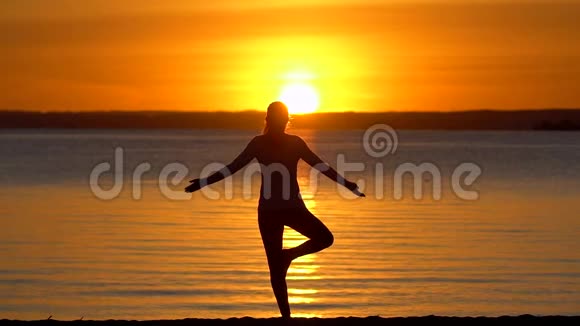剪影女孩做树瑜伽姿势日落在自然户外运动瑜伽女子张开双臂练习视频的预览图