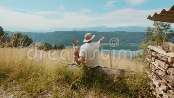 在阳光明媚的夏日旅行者和狗坐在田野里视频的预览图