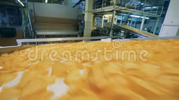 在食品设施的工厂输送机上运输的黄色薯片视频的预览图