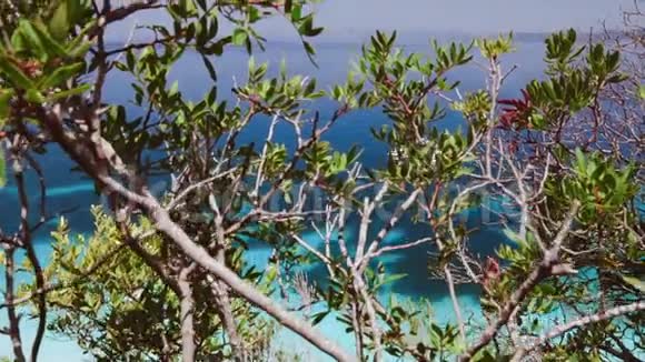 从岩石海岸到停泊在希腊群岛海湾的双体船的空中场景透明的田园小岛视频的预览图