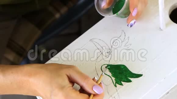 女人在一个木制的筑巢箱上画着一只绿鸟的轮廓它与葡萄的绿叶交织在一起视频的预览图