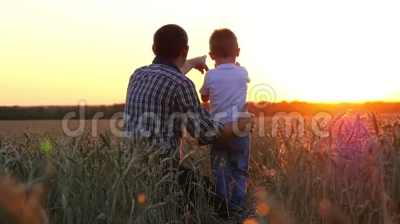 一位年轻的父亲给一个孩子看日落天空坐在麦田里幸福家庭的概念视频的预览图