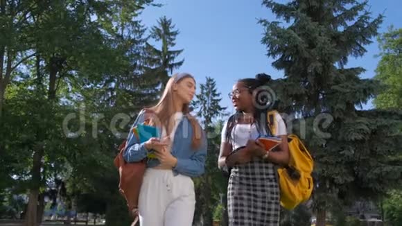 两位跨国女性朋友的肖像夏天女孩在公园里散步学生生活方式友谊视频的预览图